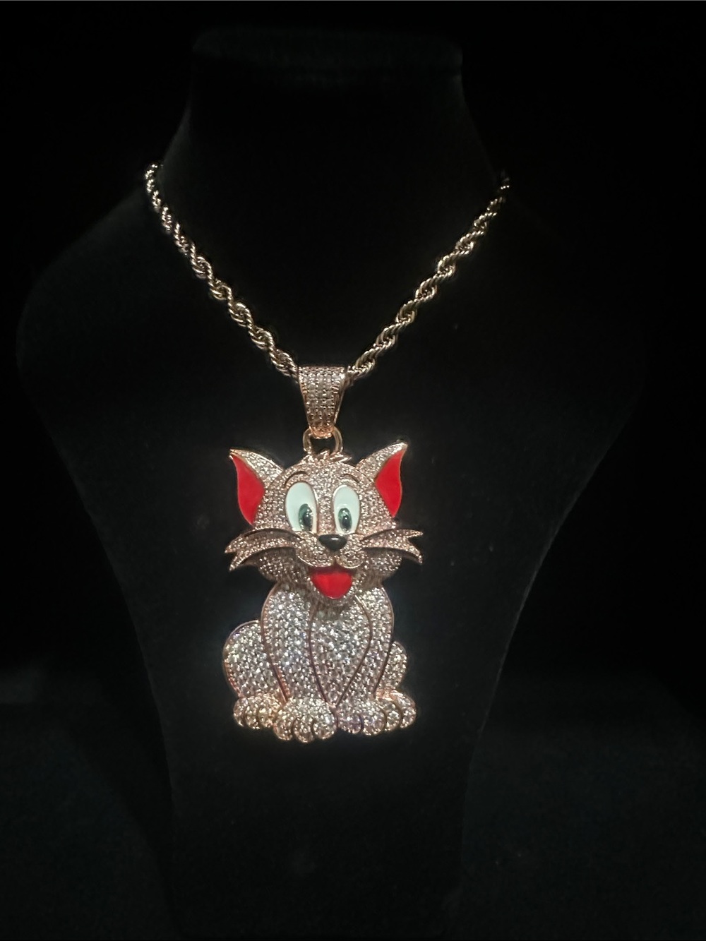 Rose Gold-Tone Tom ( Tom & Jerry ) Pendant Necklace - Red Accent